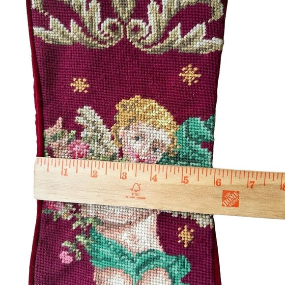 VTG 1991 100% Wool Needlepoint Embroidered Angel Cherub Stocking Christmas Décor - Picture 5 of 10